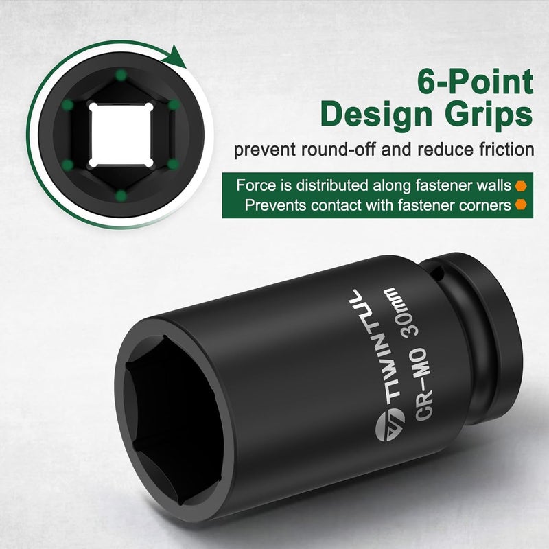TIWINTUL 30mm Deep Impact Socket 1/2 Inch Drive, CR-MO Steel Impact Socket, 3.07" Length, 6 Point Design, Metric Size, Axle Nut Socket for Easy Removal of Axle Shaft Nuts - Image 4